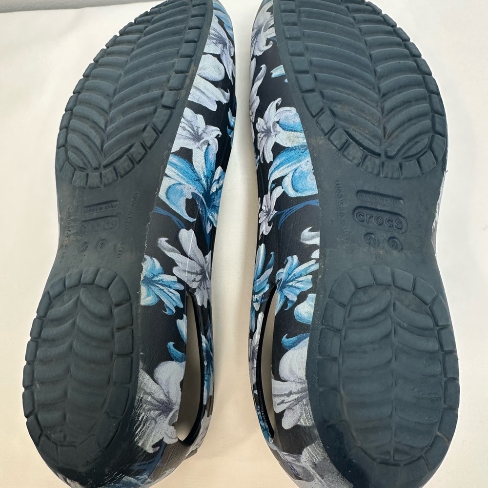 CROCS Women's Black Sienna Floral Flats with Blue Purple & White Blossoms - Picture 8 of 9